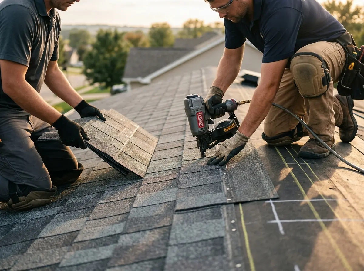 Professional roofer working on a residential roof in Pensacola Station